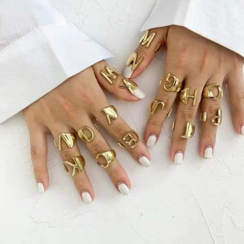 Hollow A-Z Letter Gold Color Metal Adjustable Opening Ring Initials Name Alphabet Female Party Chunky Wide Trendy Jewelry