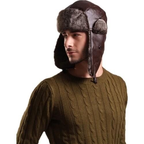 Bomber Hats Winter Men Warm Russian Ushanka Hat with Ear Flap Pu Leather Fur Trapper Cap Earflap