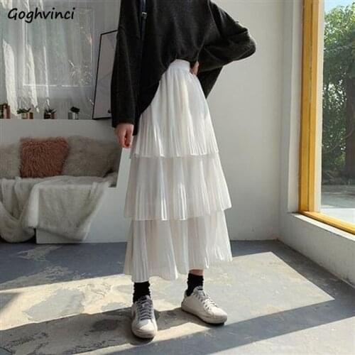 Chiffon Women Skirts High-waist Pleated Daily All-match Chic Fashion New Cake Skirt A-line Korean Style Simple Spring Mid-Calf