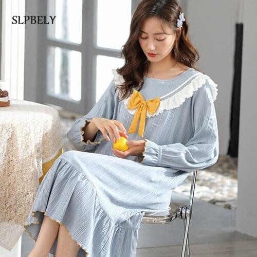 SLPBELY Sweet Women Nightdress Nightgown Spring Autumn Princess Bow Long Sleeved Nightshirt Pyjamas Sleepwear Homewear Nightwear