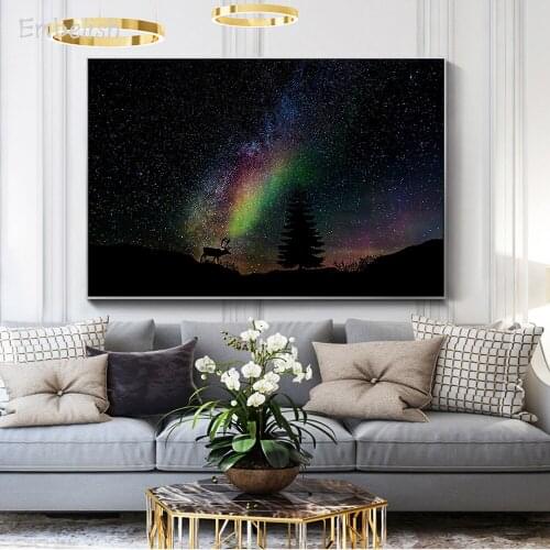 Embelish 1 Pieces Starry Sky And Animals Deer Landscape Wall Art Posters For Living Room Home Decor HD Canvas Bedroom Paintings