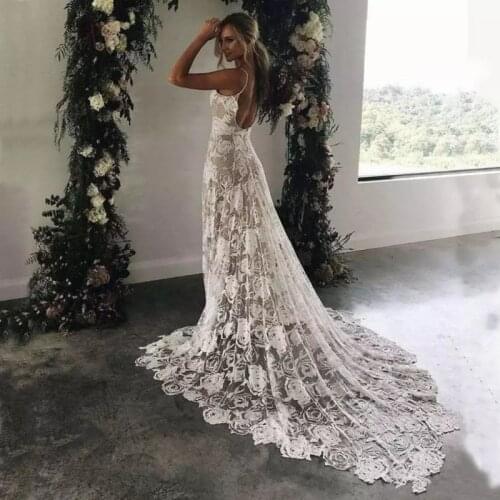 Vintage Lace Wedding Dresses Beach Spaghetti Straps Sexy Boho Open Back Sleeveless Vestido De Noiva Bohemian Bridal Gowns Summer