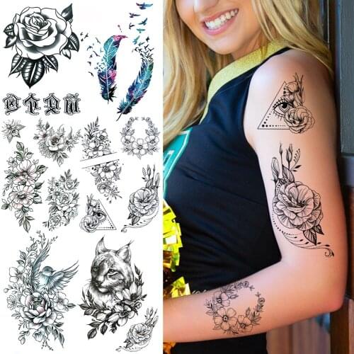 Unique Eye Flower Temporary Tattoos For Women Girls Realistic Rose Feather Bird Cat Fake Tattoo Sticker Back Hand Tatoo Decals