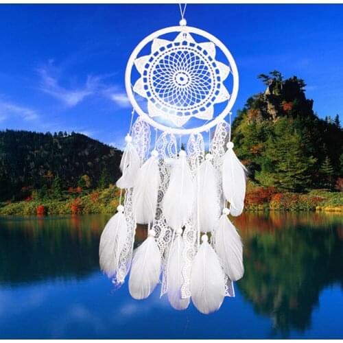 Handmade Tapestry White Dream Catcher Wooden Beads Lace Flower Pendant Feather Wind Chimes Gifts Bedroom Decoration