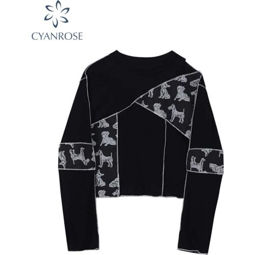 2021 Womens Spring Streetwear Spliced T Shirt Or Tops Fashion Long Sleeve Black Crop Skinny Jumper Tees Female Harajuku Pop Top