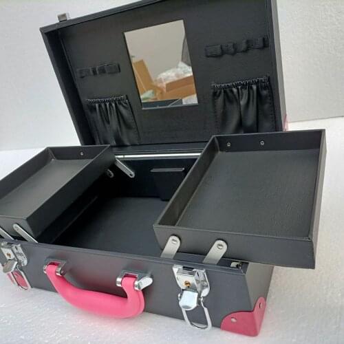 Womens Professional Artist Makeup Manicure Cute Suitcase Black Multi-Storey With Lock Embroidery Petite Valise Toiletry Toolbox