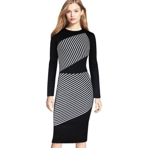 Plus Size S-5XL 2018 European Brand New Dresses Women Black&White Knee-Length O Neck Long Sleeved Pencil Dress Female SJ0081