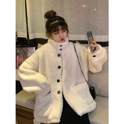 Lambs coat womens new single row black button Mock Neck granular sweater warm woolen coat in autumn and winter 2019 coat women