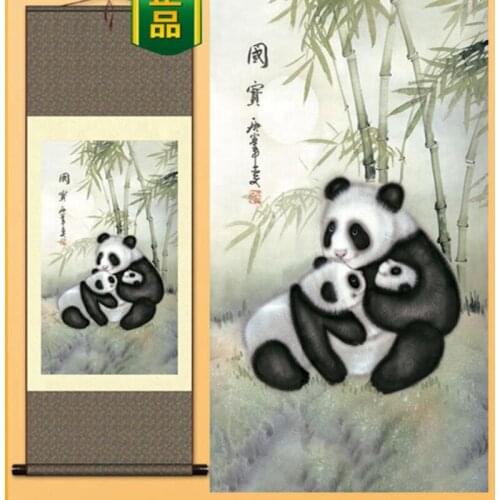 1pc Traditional silk art Home Decoration Chinese Silk scroll painting panda Gongbi painting S097