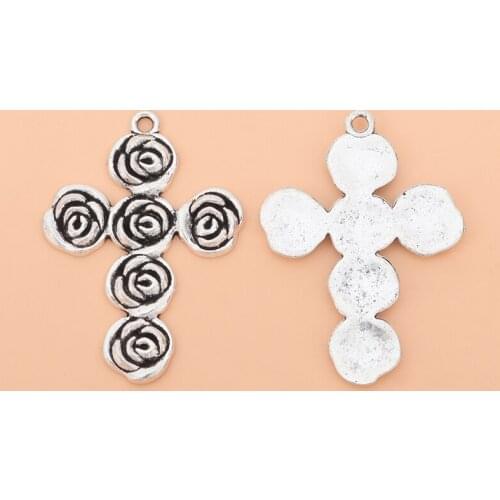 10pcs/Lot Rose Flower Cross Crucifix Tibetan Silver Charms Pendants for Necklace DIY Jewelry Making Accessories