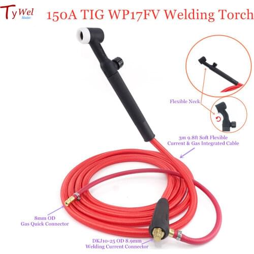 150A 3m WP17FV TIG Welding Torch Soft Red Hose Argon Tungsten Arc Flexible Gas Valve Quick Connector WP17 Welder Gun