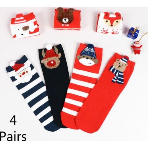 4 Pairs Christmas Woman Socks Funny Cartoon Santa Claus Christmas Tree Kawaii Cartoon Animal Girl New Year Gift Cute Warm Socks