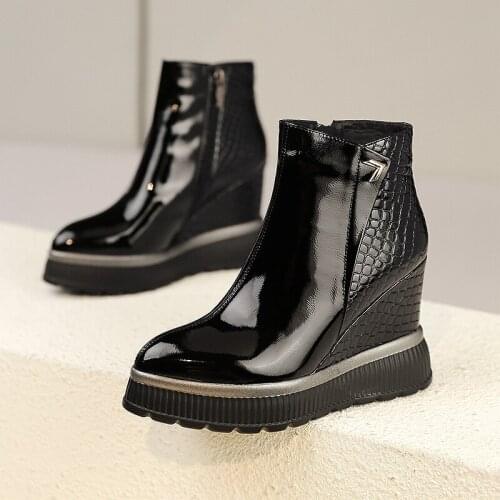 Black Ankle 9.5cm wedge heel Boots Genuine Leather Shoes Women Boots Autumn Winter 2019 Pointed Toe Luxury Brand Shoes Women