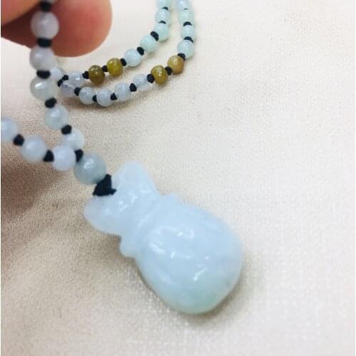 Pure natural Emerald jade hand carved light color small purse pendant tricolor jade bead necklace men and women sweater chain