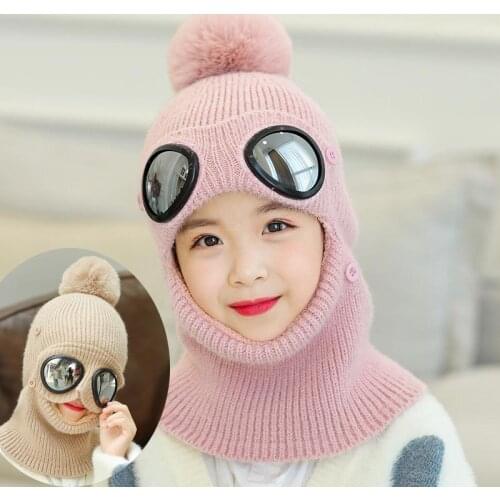 Child Winter Knitted Hat Scarf Set Big Kids Warm Plush Pom Pom Hooded Scarves 2019 Girls Boys Women New Glasses Cap