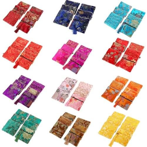 Chinese Brocade Handmade Silk Embroidery Padded Zipper Small Jewelry Gift Storage Pouch Bag Snap Case Satin Coin Purse Wholesale