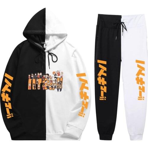 New Autumn Summer 2 Pieces Sets Anime Haikyuu Print Patchwork Thin Hoodie+Patchwork Pants Hip Hop Hot Sale Sweatshirt