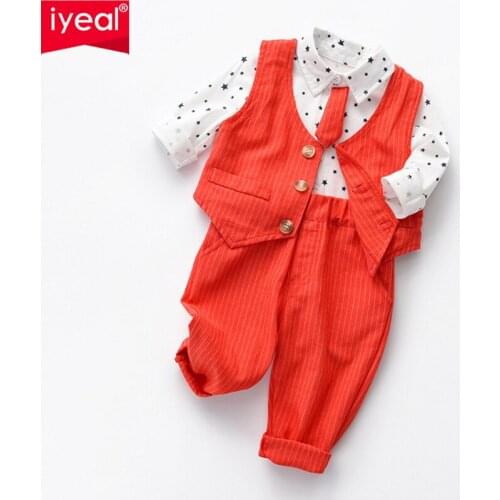 IYEAL Baby Boy Suit Outfits Set 3pcs Long Sleeves Gentleman Bodysuit Jumpsuit & Vest Coat & Pants with Bow Tie for Kids Clothes
