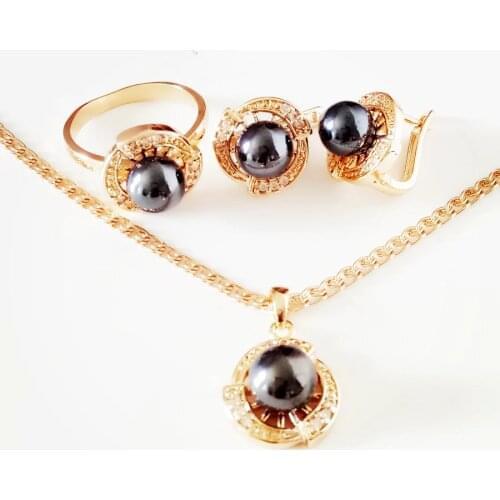 New Fashion Jewelry Set Luxury Black Pearl 585 Gold Jewelry Trendy Simulated-Pearl Women Wedding Earring and Ring Jewelry Sets