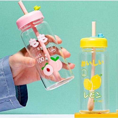 Water Bottle Cute Fruit Straw Creative Student Couple Transparent Glass Water Cup With Lids Juice Drink Water Cup Gift Office