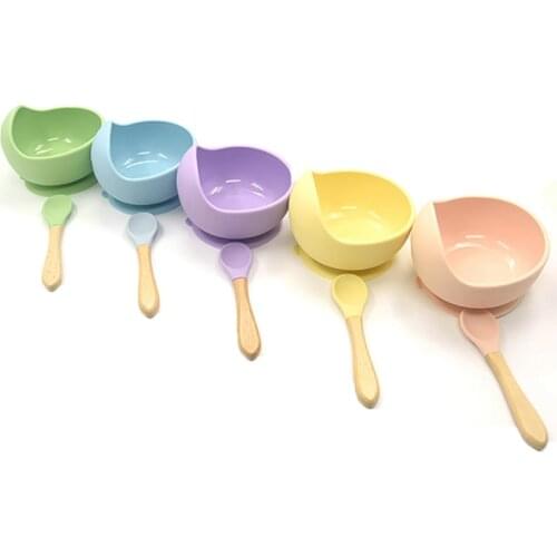Baby Feeding Set Tableware for Kids BPA Free Plate Silicone Bowl Organic Wooden Spoons Kids Waterproof Non-Slip Suction Bowl