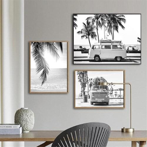 Summer Landscape Wall Art Poster Coconut Tree Plant Art Prints Car Beach Canvas Painting Black White Picture Modern Home Decor