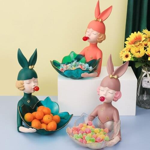 New Light Luxury Cute Girl Rabbit Ears Ornament Tray Fruit Tray Storage Box Home Decoration Ornamental Resin Art Figurine Gift