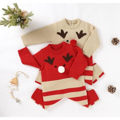 Christmas Party New Baby Girls Boys Romper Sweater Xmas Long Sleeve Buttons Knitting Jumpsuit for Toddler Infant Party Costumes