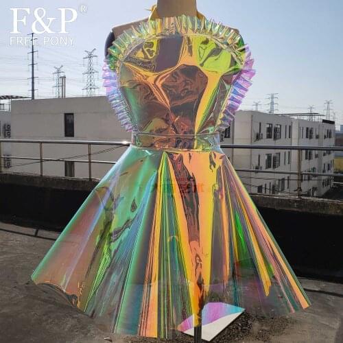Handmade 1950s Retro Holographic PVC Vinyl Cooking Kitchen Hairstylist Nail Technician Pin Up Aprons Dresses Waterproof Dress