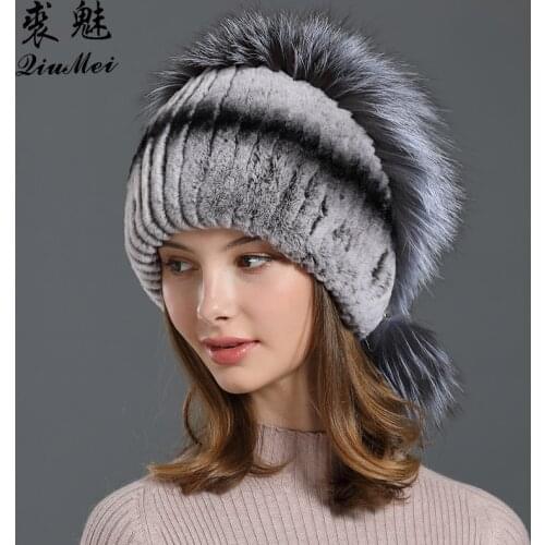 Russian Ushanka Hats Real Rex Rabbit Fur Womens Winter Beanies With Fox Fur Natural Pompom Caps Thicken Lined Woolen Hat Beanie
