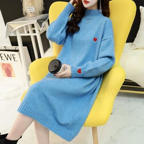 Beige Casual Heart Embroidery Turtleneck Sweater Women Winter Autumn Jumper Loose Thick Sweater Knitted Pullover Pull Femme