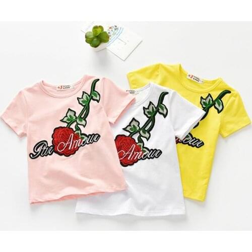 2018 summer item girl fashion embroiery flower short sleeve t-shirt