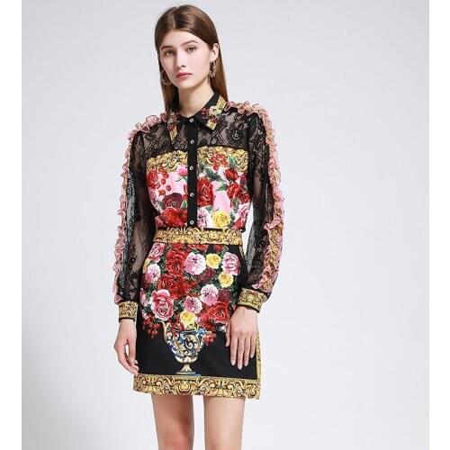 Runway Autumn Flower Dresses 2 Two Piece Sets Womens Lace Patchwork Ruffles Long Sleeve Shirt Print Tops And Short Skirts Suits