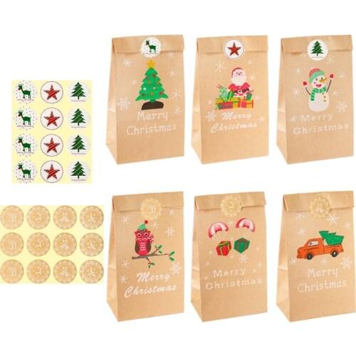 12Sets iCraft Christmas Snowman Owl Kraft Paper Bag Xmas Gift Wraping Party Favor Treats Holder Stand Up Bag Set with Stickers