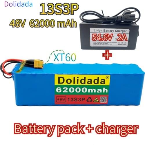 13s3p XT60 48V 62000mah 1000W Li ion battery pack for 54.6V electric bicycle scooter with BMS + 54.6V 2ACharger