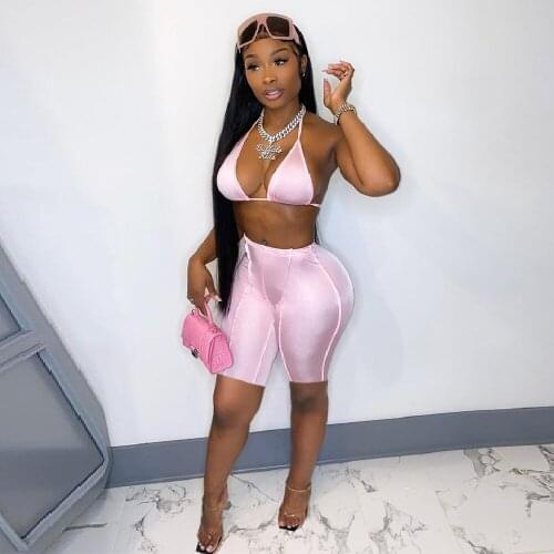 Women Fitness Two Piece Matching Suits Hanging Neck Backless Crop Top and Bodycon Biker Short Active Wear Workout Sweat Suits