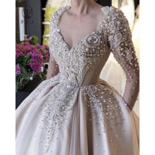Elegant Vestidos De Fiesta Juliet Neck Beaded Stones Heavily Floor Length Long Sleeve Evening Dresses