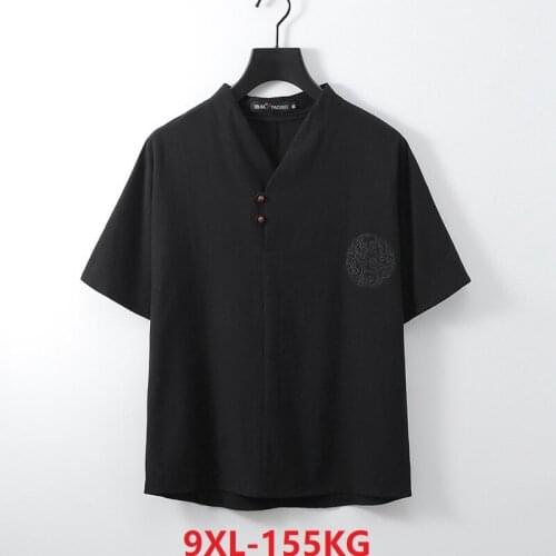 High quality Summer Men big size T-shirt Short Sleeve chinese style vintage Tees oversize 7XL 8XL 9XL casual v-neck linen tshirt