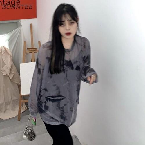 T-Shirts Women Tie Dye Summer Hot Tops O-Neck Leisure Loose Harajuku Vintage Korean Style All-match Long Sleeve Ulzzang Students