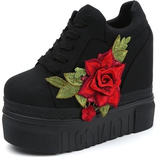Shoes Women Cotton Casual Flower Pattern Thick Bottoms Increased Lace-up Sneakers Spring Black White Platform Shoes Ladies