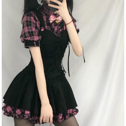 Summer Dresses For Women Plaid 2021 Kawaii Pink Clothes Short Sleeve Strap Midi Dress Lolita Harajuku Cottagecore Robe Y2K