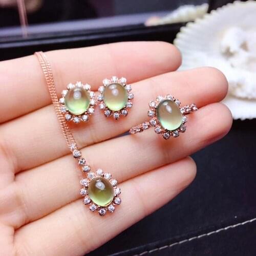 Best Gift Real and Natural Prehnite jewelry set 1pc Prehnite ring 1pc Prehnite pendant 1pair stud earring 925 sterling silver