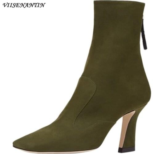 Fashion Catwalk Street Shooting Square Toe High Heel Short Rear Zipper Martin Boots Women Thick Heel Leather Elastic Stocking