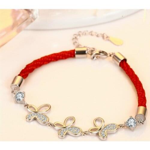 Charm Rope Red Bracelets Female Jewelry Bright Stone Butterfly Accessories Girl Silver Plated Bracelet For Women Christmas Gift