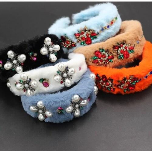 New Baroque geometric fashion hair band plush comfortable street shooting casual pearl inlaid color rhinestone ladies hair 753
