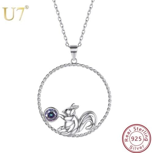 U7 925 Sterling Silver Cute Squirrel Playing Gem Pendant & Chain 2018 Mothers Day Gift For Women Animals Jewelry Necklace SC50