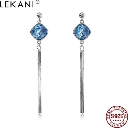 LEKANI 925 Sterling Silver Tassel Dangle Earrings For Women Cube Crystal Luxury Studs Fashion Jewelry Wedding Earrings Hot Sale