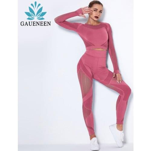 GAUENEEN Mesh Yoga Set Women Fitness Gym Clothing Long Sleeve Crop Top High Wasit Seamless Leggings Workout Clothes Sport Outfit
