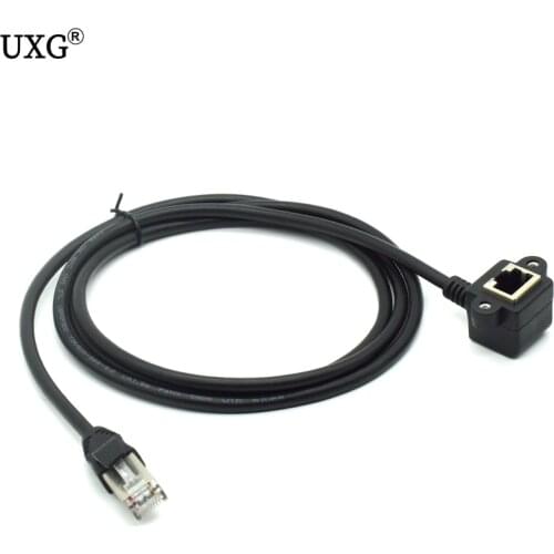 RJ45 Male to 90 Degree Right Angle Female M/F Screw Lock Panel Mount Extension Ethernet CAT5 100Mbps 8P8C Cable 100cm + Screws