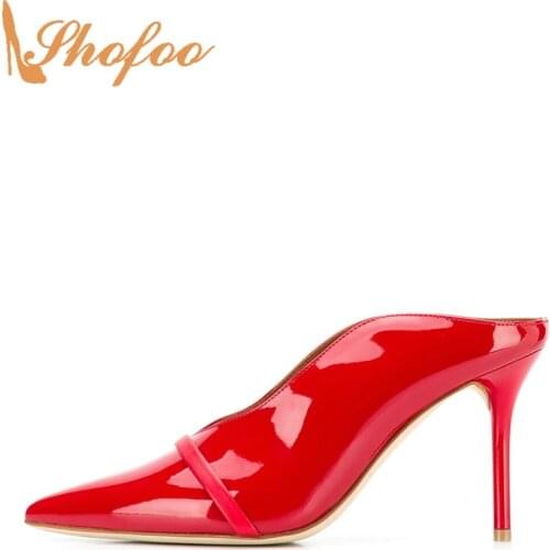 Red Patent Leather Stilettos Strap Pointed Toe Pumps Woman High Thin Heels Large Size 11 15 Ladies Fashion Office Shoes Shofoo
